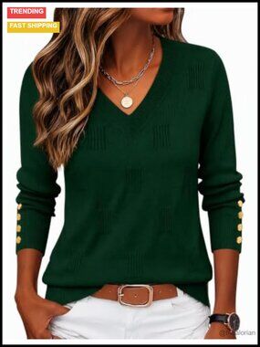 Women's V-Neck Ribbed Knit Pullover Sweater Long Sleeve Button Cuff Lightweight